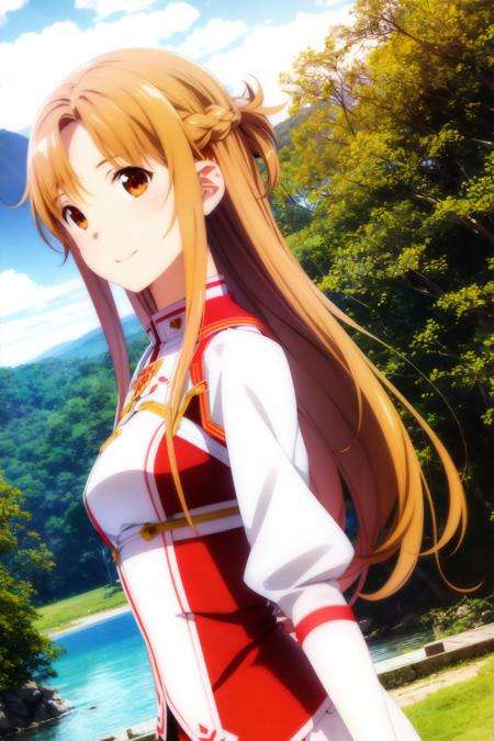 asuna, asuna_\(sao\), 1girl, fantasy, highres,  looking_away, looking_to_the_side,  original, realistic,   scenery,  solo, upper_body, smiling, action pose