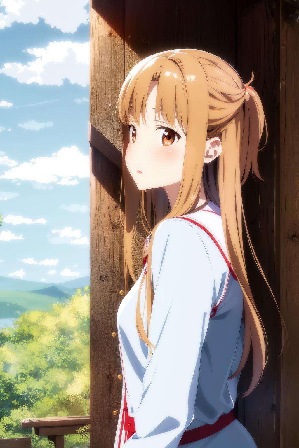 asuna, asuna_\(sao\), 1girl, fantasy, highres,  looking_away, looking_to_the_side,  original, parted_lips, realistic,   scenery,  solo, upper_body