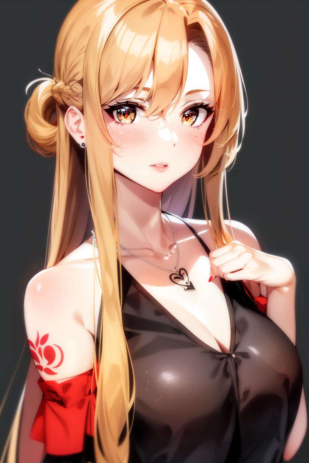asuna, asuna_\(sao\), 1girl, bare_shoulders, black_nails, collarbone, commentary, dark, earrings, fantasy, hair_between_eyes, highres, jewelry, looking_away, looking_to_the_side, nail_polish, necklace, off_shoulder, original, parted_lips, realistic, ring, ringlets, scenery, simple_background, solo, tattoo, upper_body