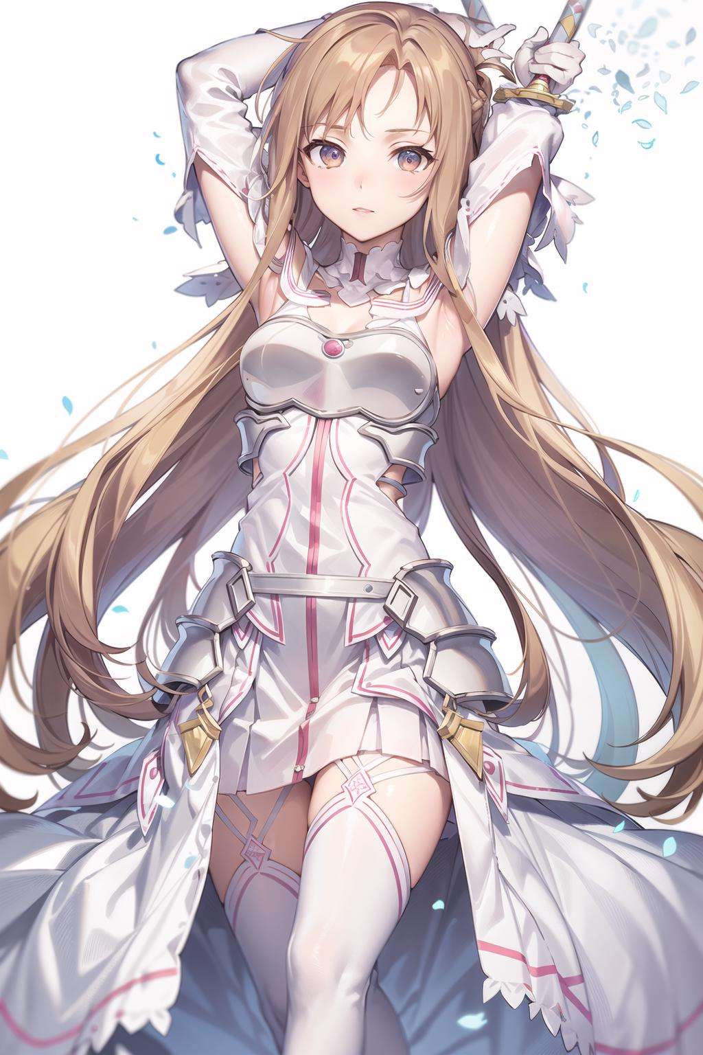 stacia, 1girl, solo, long hair, looking at viewer, brown hair, thighhighs, white background, dress, holding, brown eyes, very long hair, weapon, sword, armpits, holding weapon, white dress, armor, arms up, white thighhighs, floating hair, feet out of frame, holding sword, breastplate, fantasy, magic, energy, white armor, <lora:asuna_(stacia)-000007:0.6>
