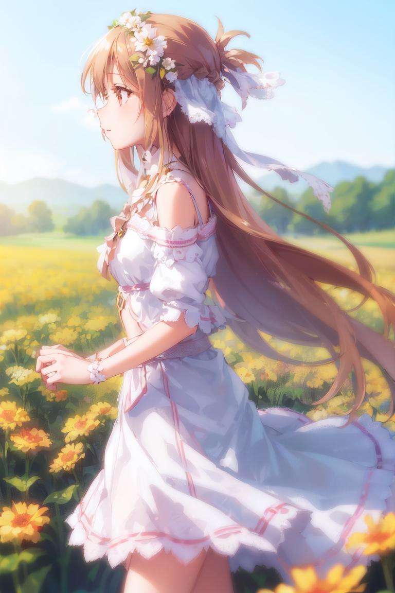 ((1girl, solo, Stacia)), flower field, walking, (from side:1.2), best quality, extremely detailed, CG, intricate, <lora:asuna_(stacia)-000007:0.55>