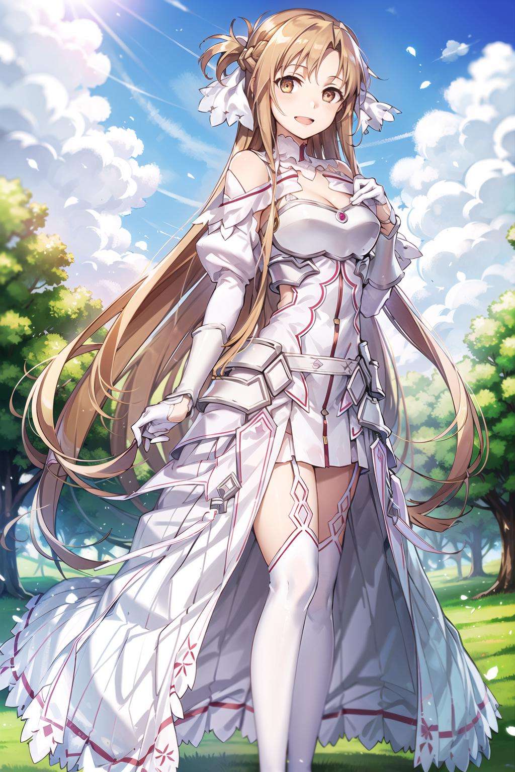 stacia, 1girl, solo, long hair, breasts, looking at viewer, smile, open mouth, bangs ,detailed eyes, beautiful background, outdoor, hands on the chest,  brown hair, thighhighs, gloves, dress, cleavage, bare shoulders, brown eyes, very long hair, standing, full body, white gloves,  white dress, armor, white thighhighs, garter straps, fantasy, white armor,  abec, <lora:StyleIllustratorStyle_bunbunStyle:0.4>,  <lora:asuna_(stacia)-000007:0.6>