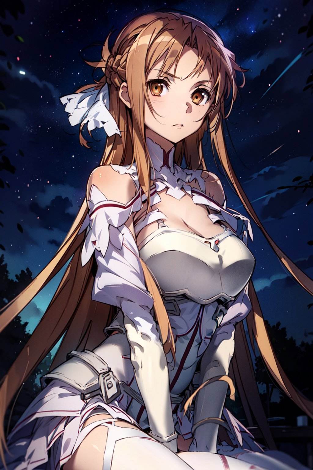 stacia, 1girl, solo, long hair, huge breasts, looking at viewer, bangs, worried, brown eyes, beautiful background, (night sky, stars), brown hair, thighhighs, gloves, dress, cleavage, bare shoulders, very long hair, white gloves, white dress, armor, white thighhighs, garter straps, sitting,  white armor, arms behind back, <lora:asuna_(stacia):0.7>