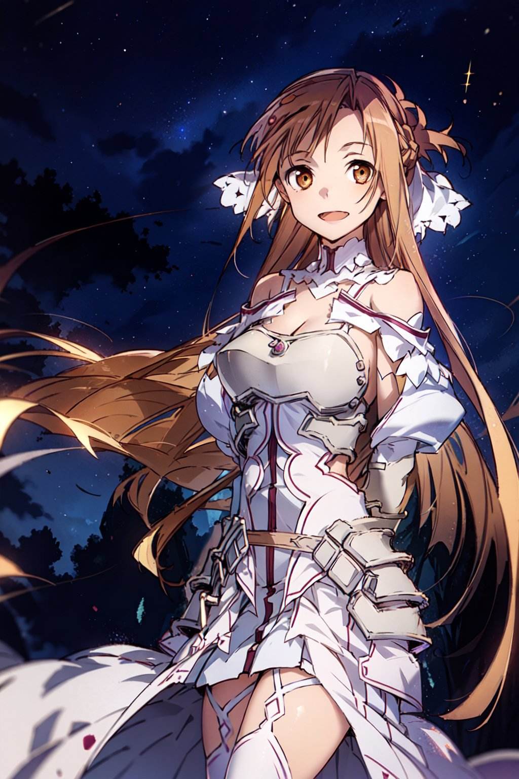 stacia, 1girl, solo, long hair, large breasts, looking at viewer, smile, open mouth, bangs ,detailed eyes, beautiful background, (night sky, stars), brown hair, thighhighs, gloves, dress, cleavage, bare shoulders, brown eyes, very long hair, white gloves, white dress, armor, white thighhighs, garter straps, fantasy, white armor, arms behind back, <lora:asuna_(stacia):0.7>