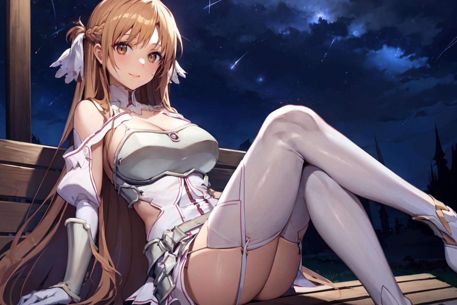 masterpiece, best quality, perfectanatomy,ultra detailed, stacia, 1girl, solo, large breasts, curvy body, good hands, (good legs), (good knees),  (night sky, stars), long hair, breasts, looking at viewer, happy, bangs, brown hair, thighhighs, gloves, dress, cleavage, bare shoulders, brown eyes, very long hair, (sitting on a bench), crossing legs, white gloves, white dress, armor, white thighhighs, garter straps, white armor,  <lora:asuna_(stacia)-000006:0.7>