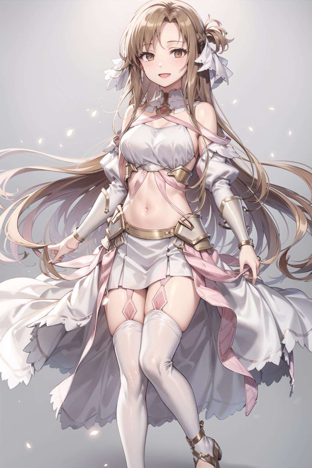 stacia, 1girl, solo, long hair, breasts, looking at viewer, smile, open mouth, bangs ,detailed eyes, beautiful background,  brown hair, thighhighs, brown eyes, very long hair, standing, full body, elf, <lora:asuna_(stacia)-000007:0.46>, BREAK   <lora:CostumeElfOutfitElfBikini_v2White:1>