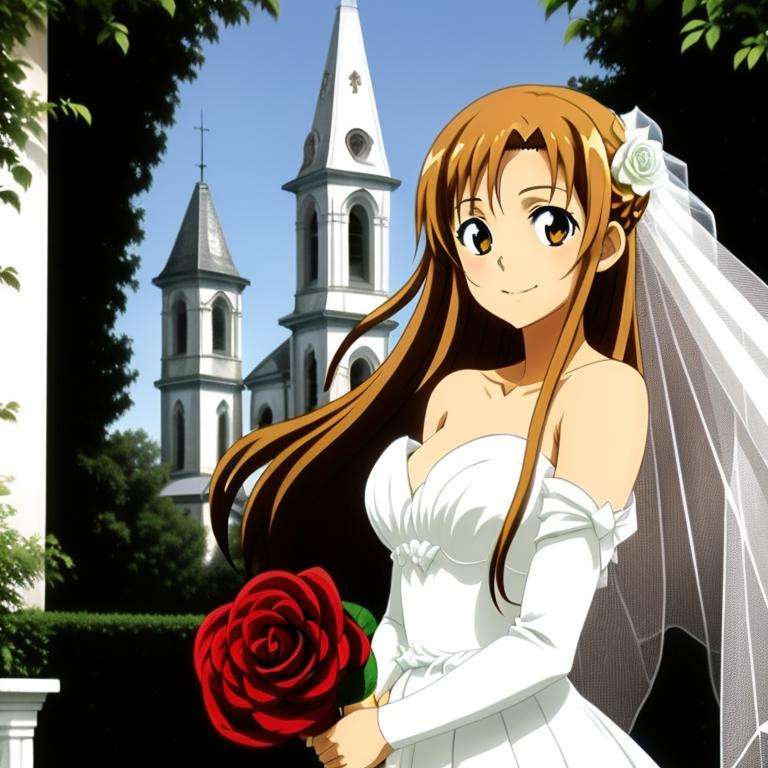 parameters<lora:yuuki_asuna:0.7> 1girl, yuuki_asuna, holding rose, wedding dress, on the church, gender smile