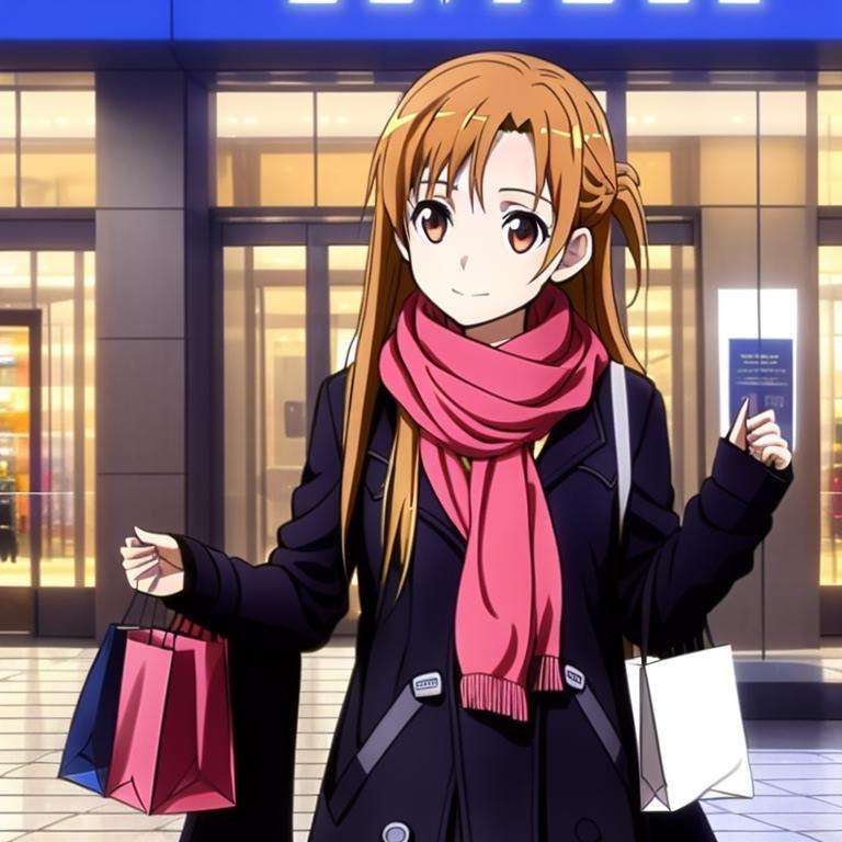 <lora:yuuki_asuna:0.7> 1girl,  yuuki_asuna,solo, shopping, street, bag, Scarf