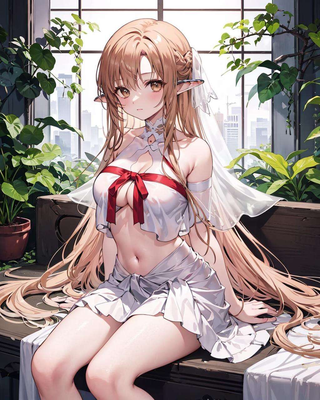 titania, 1girl, pointy ears, breasts, sitting, solo, skirt, looking at viewer, cleavage, midriff, crop top, large breasts, arm ribbon, fantasy, bangs, collarbone, white skirt, navel, large breasts,  stomach, sleeveless, thighs, closed mouth, miniskirt,<lora:Titania:1>,