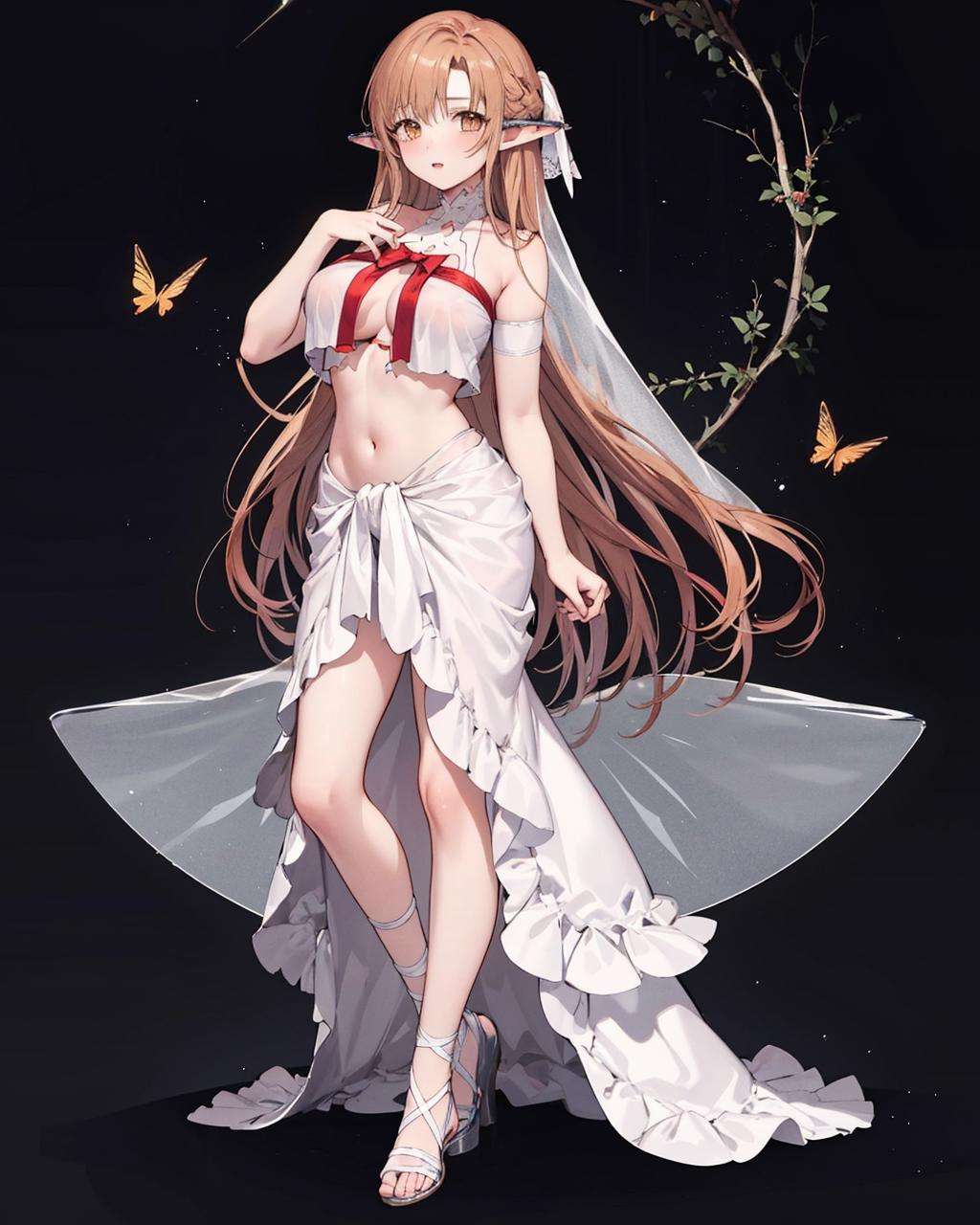 1girl,solo,large breasts, titania,pointy ears, midriff,  , no bra, <lora:Titania:1>,hand on own chest, full body, fairy wings, 