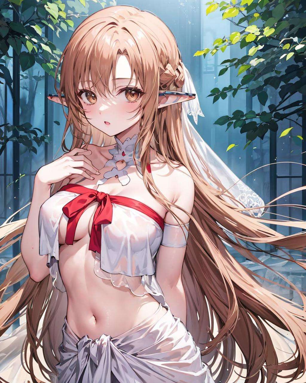1girl,solo,large breasts, titania,pointy ears, midriff,  cowboy shot, no bra, <lora:Titania:1>,hand on own chest, 