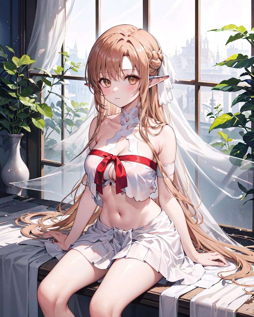 titania, 1girl, pointy ears, breasts, sitting, solo, skirt, looking at viewer, cleavage, midriff, crop top, medium breasts, arm ribbon, fantasy, bangs, collarbone, white skirt, navel, large breasts,  stomach, sleeveless, thighs, closed mouth, miniskirt,<lora:Titania:1>,