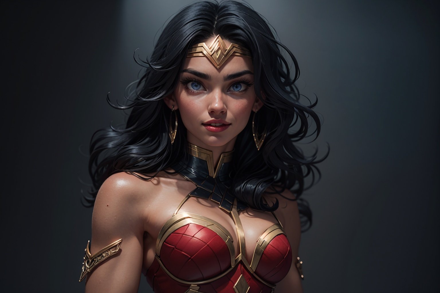 best quality, 1girl, solo, big breasts, muscular,sexy pose, different poses, beautiful face, super detailed and realistic eyes, smile,volumetric lighting, best quality, masterpiece, intricate details, tonemapping, sharp focus, hyper detailed,WonderWaifu,superhero,bodysuit