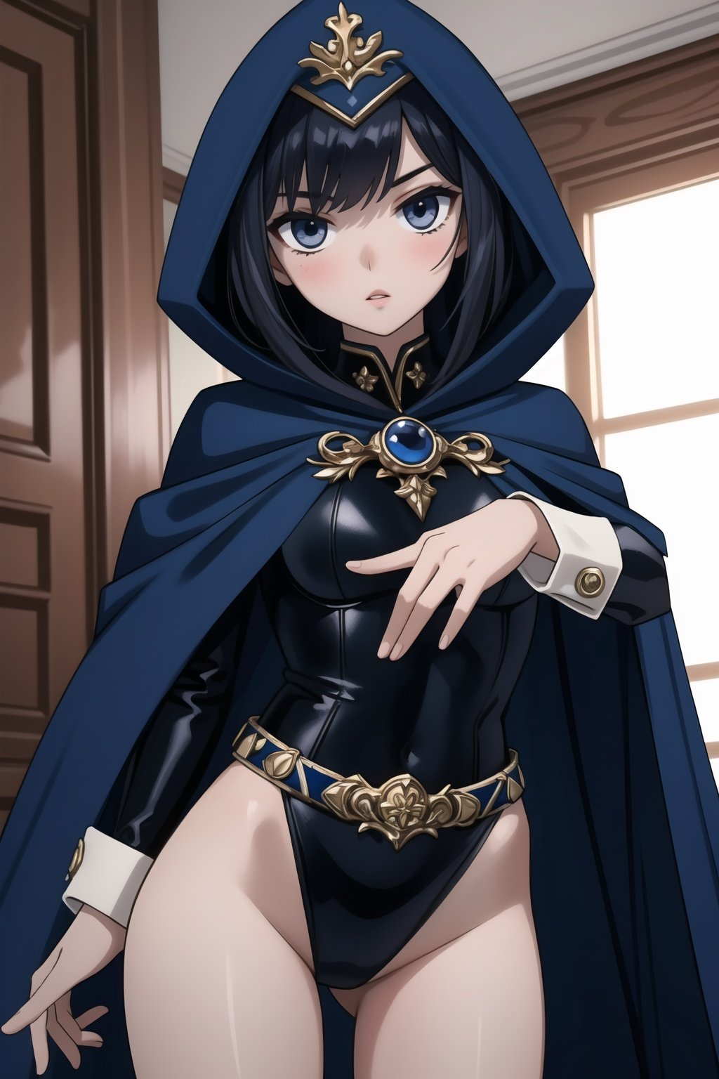 (masterpiece, best quality),  intricate details,1girl, <lora:Raven V4:0.6>  RavenTT, navy-blue cloak, black leotard, brooch, belt, white skin