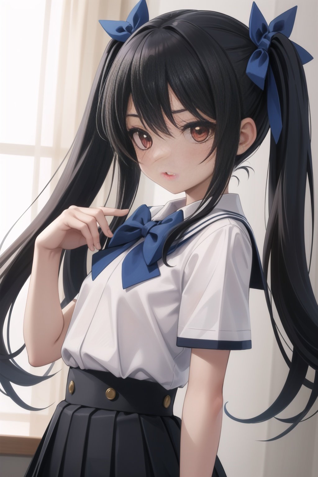 (masterpiece, best quality),  intricate details,1girl,   <lora:tsube_aika_ver1.0_2:0.8> tsube_aika, long hair, black  hair, red eyes, flat chest, twintails, school uniform, white shirt, miniskirt, black skirt, short sleeves, high waist skirt, light blue bow,