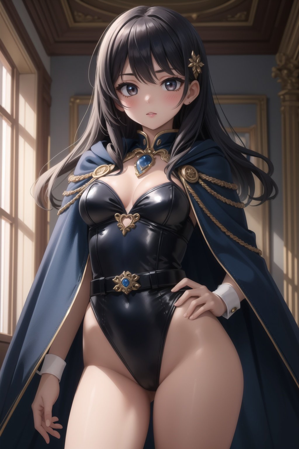 (masterpiece, best quality),  intricate details,1girl,  <lora:RavenTT:0.8> RavenTT, navy-blue cloak, black leotard, brooch, belt,