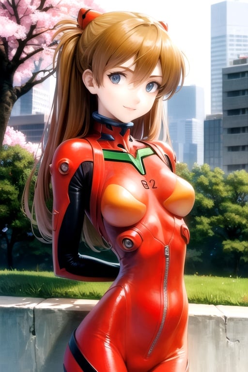 masterpiece, best quality, 1girl, souryuuasukalangley, plugsuit 02, interface headset, looking at viewer, light smile, upper body, science fiction city, park, cherry blossoms, arms behind back 