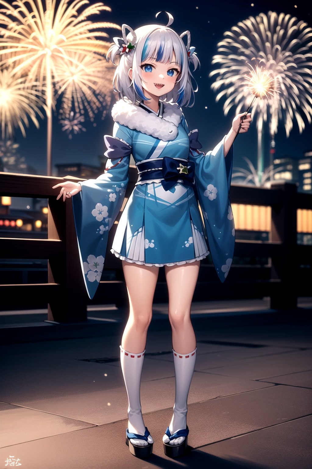 2d, masterpiece, best quality, anime, highly detailed, full body, 1girl, solo, gura_kimono, blue kimono, fur collar, smile, sharp teeth, standing, japanese town, new years, fireworks, night