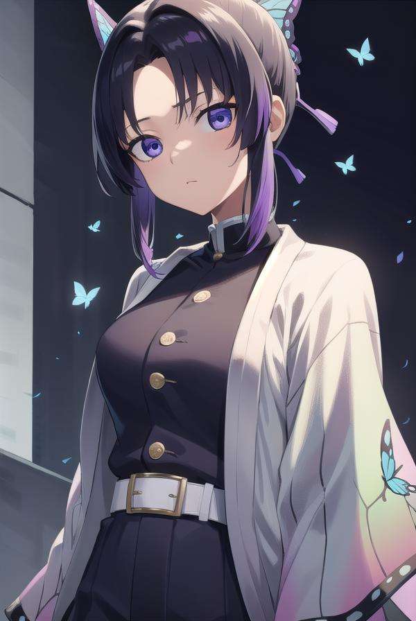 shinobukochou, <lora:shinobukochoutest:1>, shinobu kochou, animal print, black hair, butterfly, butterfly hair ornament, butterfly print, forehead, gradient hair, hair ornament, haori, multicolored hair, parted bangs, purple hair, short hair, two-tone hair,BREAK belt, black pants, butterfly print, coat, demon slayer uniform, haori, japanese clothes, pants, uniform,BREAK looking at viewer,BREAK city,BREAK <lora:GoodHands-vanilla:1>, (masterpiece:1.2), best quality, high resolution, unity 8k wallpaper, (illustration:0.8), (beautiful detailed eyes:1.6), extremely detailed face, perfect lighting, extremely detailed CG, (perfect hands, perfect anatomy),