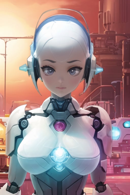 Cute robot girl, evocative pose, Ink in Hsiao-Ron Cheng style Close-Up Shot of (Zealot:1.3) of Nuclear Energy, Chaos Realm, Golden Hour, Mythical, trending on deviantart, Atari Graphics, 