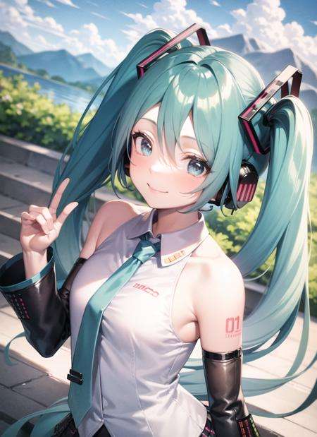 <lyco:hatsunemiku1-000006:1.0>, vocaloid3, upper body, smile, blush, outdoors, day, simple background, blue sky, sky, temple, looking at viewer, stairs, mountain, moody lighting, facing viewer,