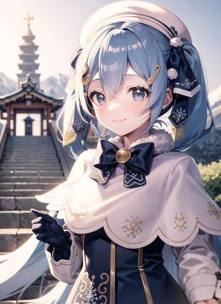 <lyco:hatsunemiku1-000006:1.0>, yukimiku2021, short hair, upper body, smile, blush, outdoors, day, simple background, blue sky, sky, temple, looking at viewer, stairs, mountain, moody lighting, facing viewer,