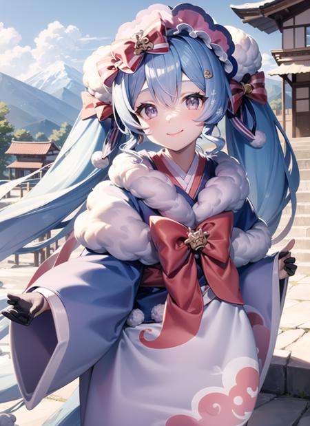 <lyco:hatsunemiku1-000006:1.0>, yukimiku2023, short hair, upper body, smile, blush, outdoors, day, simple background, blue sky, sky, temple, looking at viewer, stairs, mountain, moody lighting, facing viewer,