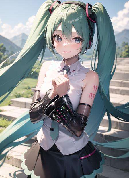 <lyco:hatsunemiku1-000006:1.0>, mikunt, upper body, smile, blush, outdoors, day, simple background, blue sky, sky, temple, looking at viewer, stairs, mountain, moody lighting, facing viewer,