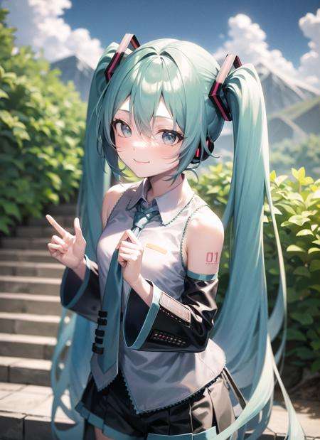 <lyco:hatsunemiku1-000006:1.0>, mikudef, upper body, smile, blush, outdoors, day, simple background, blue sky, sky, temple, looking at viewer, stairs, mountain, moody lighting, facing viewer,