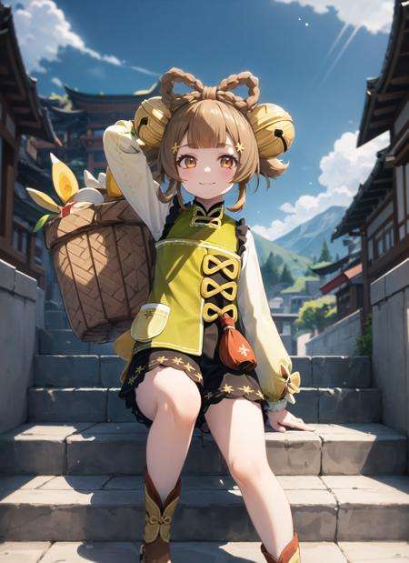 <lora:yaoyao2-000008:1>, yaoyaodef, full body, sitting, smile, blush, outdoors, day, simple background, arm up, basket, blue sky, short hair, sky, temple, looking at viewer, sitting on stairs, mountain, moody lighting, bloomers,