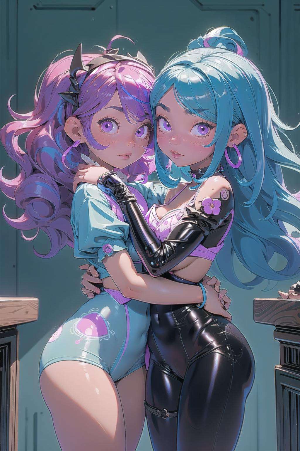 2girls, couple, waist hug, (masterpiece, best_quality, ultra-detailed, immaculate:1.3), epic, illustration, 1girl, (visionary Soft Macabre:1.3) cute succubus, wings, full body, cameltoe, [:revealing costume design,:0.2], official art, (asian:1.3), creepy azure lighting , in an calm industrial park, bombshell hair, neon purple hair, Crimped Hair,curly hair, arm support<lora:EnvyBeautyMix23:1>