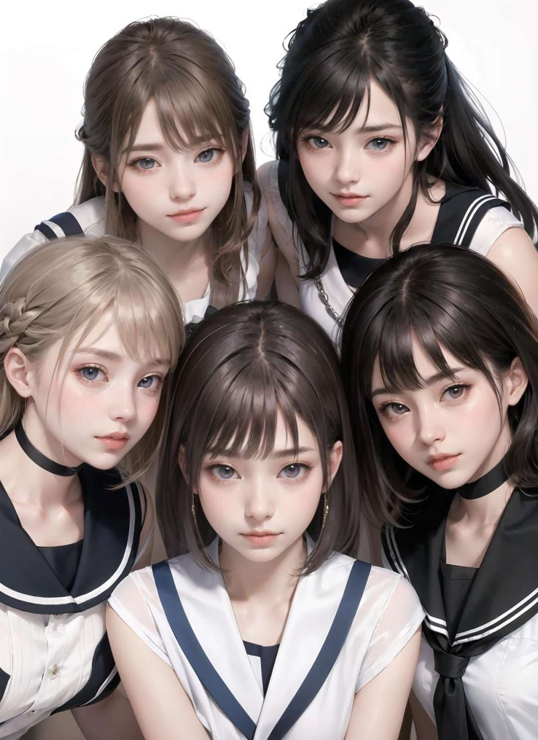 group picture,multiple girls,5girls,beautiful face,looking at viewer ,realistic,(serafuku:1.1) ,(masterpiece, high quality:1.2)  <lora:MultipleGirlsGroup:1>