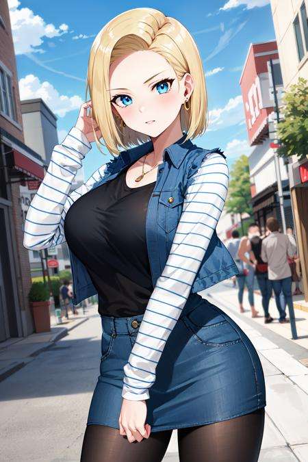 best quality, highres, and18, 1girl, android 18, solo, blonde hair, blue eyes, short hair, earrings, jewelry, denim vest, open vest, black pantyhose, black shirt, denim skirt, striped long sleeves, blue skirt, large breasts, <lora:android_18_v110:0.5>, cowboy shot, street, 