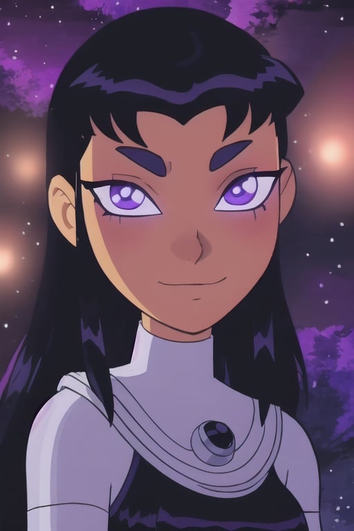 (8k, RAW photo, best quality, masterpiece:1.2), (intricate details), perfect eyes, perfect face, perfect lighting, beautiful, (masterpiece:1.2), (best quality:1.2), 1girl, cartoon style, blackfire, solo, space background, blush, <lora:blackfire-10:0.85>