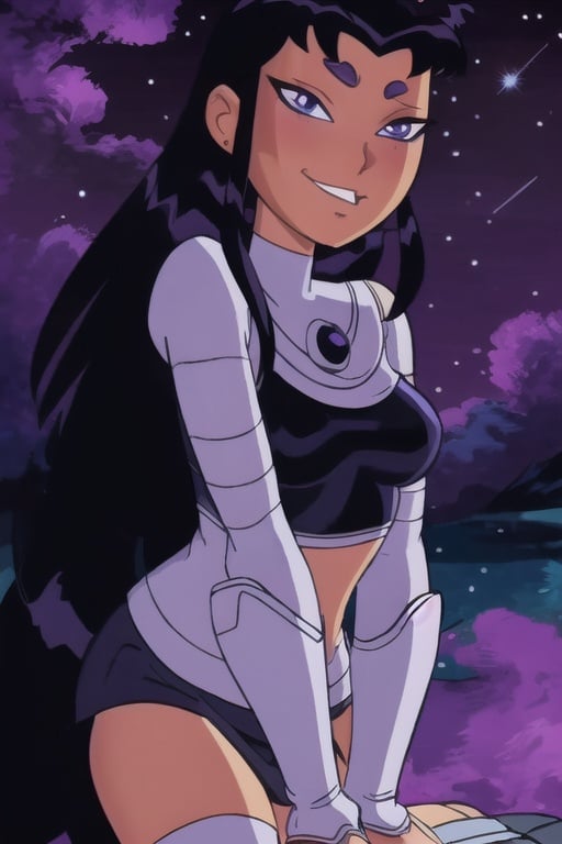 (8k, RAW photo, best quality, masterpiece:1.2), (intricate details), perfect eyes, perfect face, perfect lighting, beautiful, (masterpiece:1.2), (best quality:1.2), 1girl, cartoon style, blackfire, solo, space background, blush, <lora:blackfire-10:0.85>