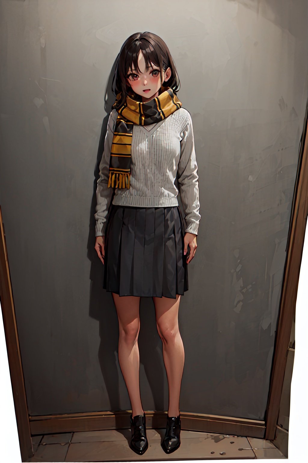 1girl, solo focus, full body, simple background, standing, 
hufflepuff, hogrobe, hogscarf, hogsweater, skirt,
(masterpiece, best quality, extremely detailed, highly detailed face, beautiful detailed eyes)
