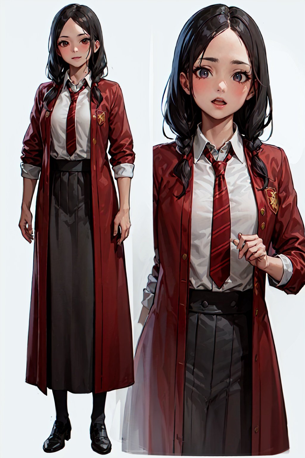 1girl, solo focus, full body, simple background, standing, 
gryffindor, hogshirt, red tie, skirt, 
(masterpiece, best quality, extremely detailed, highly detailed face, beautiful detailed eyes)