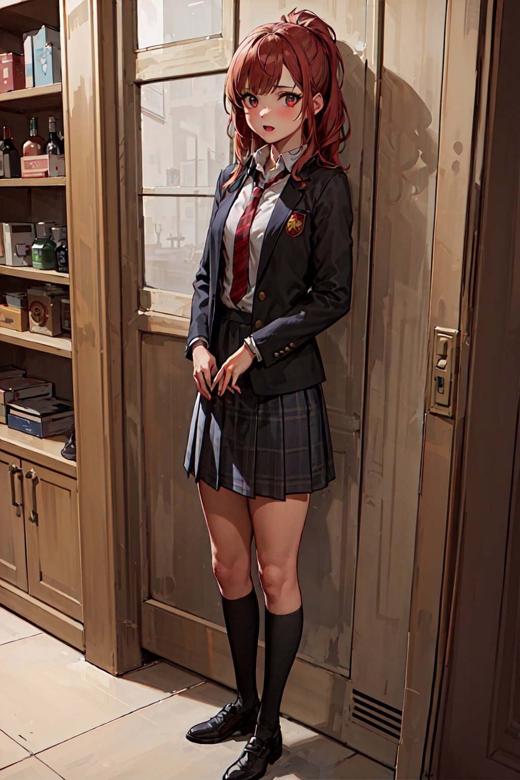 1girl, solo focus, full body, 
gryffindor, hogshirt, hogbrezwer, red tie, skirt, white shirt, jacket,
(masterpiece, best quality, extremely detailed, highly detailed face, beautiful detailed eyes)