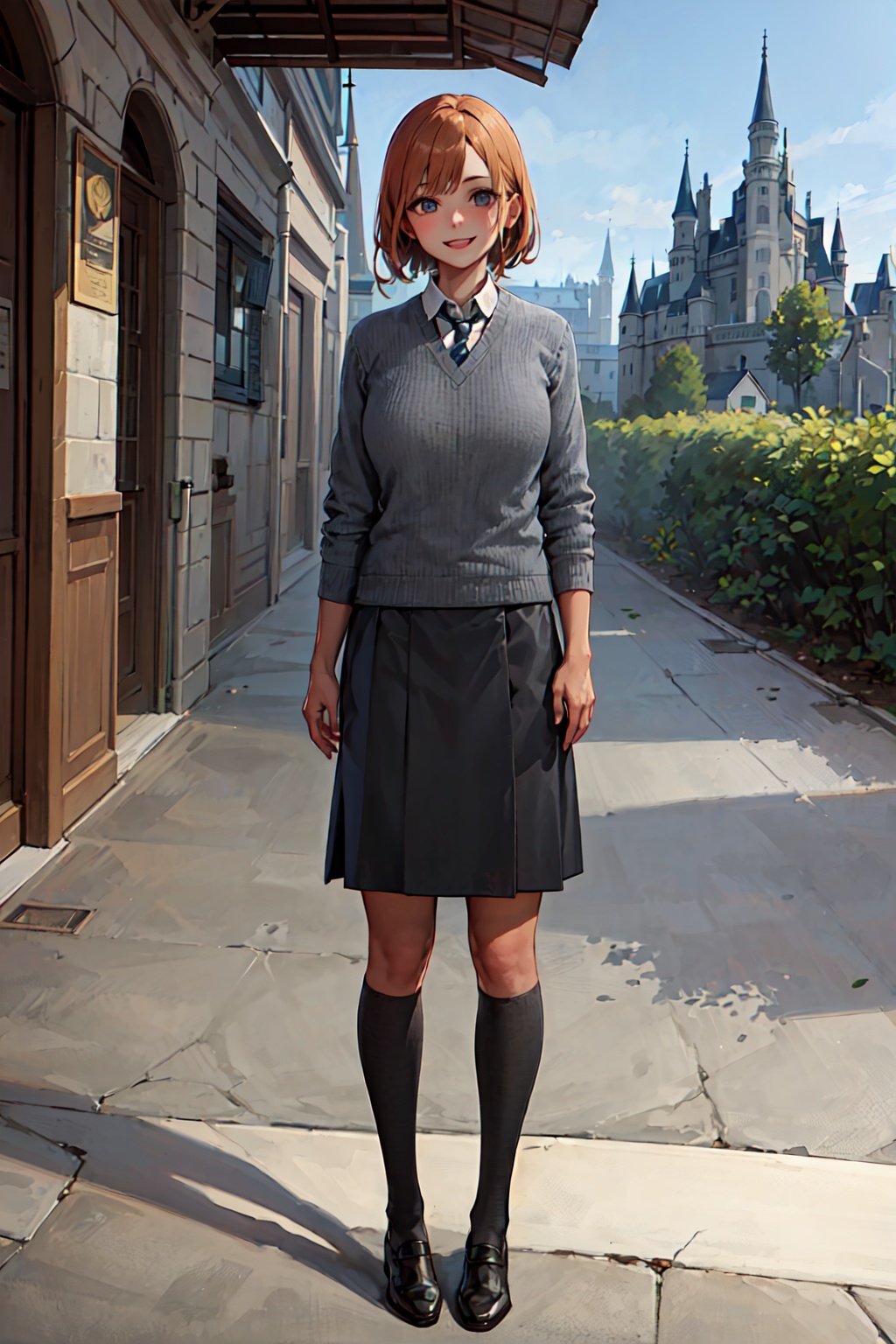 1girl, solo focus, full body, 
standing, short hair, ginger hair, large breasts, smiling, 
hogsweater, grey sweater, short skirt, black skirt, yellow tie, 
castle, winter, 
(masterpiece, best quality, extremely detailed, highly detailed face, beautiful detailed eyes),hogrobe