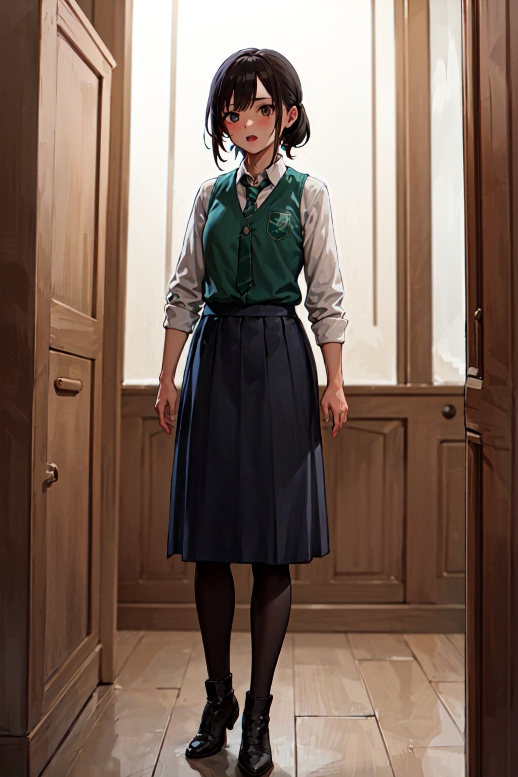 1girl, solo focus, full body, simple background, standing, 
slytherin, hogshirt, hogbrezwer, skirt, 
(masterpiece, best quality, extremely detailed, highly detailed face, beautiful detailed eyes)