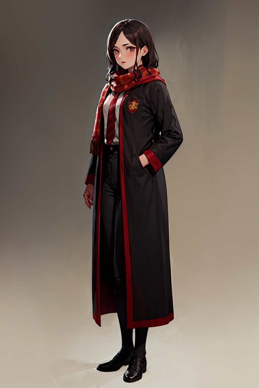 1girl, solo focus, full body, 
standing, wavy hair, long hair, brown hair, 
hogrobe, black robe, gryffindor, red tie, hogscarf, red scarf, 
(masterpiece, best quality, extremely detailed, highly detailed face, beautiful detailed eyes),hogrobe