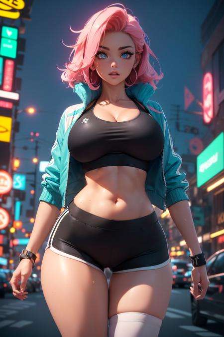 (1girl), ((sports bra, crop jacket, short shorts:1.3)), ((massive Breasts, breasts overflow, rounded breasts:1.3)), ((bimbo breast, torpedo breast:1.1)), ((accentuated breast, large pelvic, wide hip, midriff, narrow waist, curvy waist, fit:1.2)), ((slim, skinny waist:1.3)), modern hairstyle, colour streaked hair, highlights, ((sweaty)), ((sexy poses:1.3)), ((wide hips, groin)), ((huge pelvic)),masterpiece, best quality, realistic, ultra highres, depth of field, (full dual colour neon lighting:1.2), (hard dual colour lighting:1.4), (detailed face:1.2), (detailed eyes:1.2), (detailed background), (masterpiece:1.2), (ultra detailed), (best quality), intricate, comprehensive cinematic, magical photography, (gradients), colorful, detailed landscape, visual key, shiny skin,