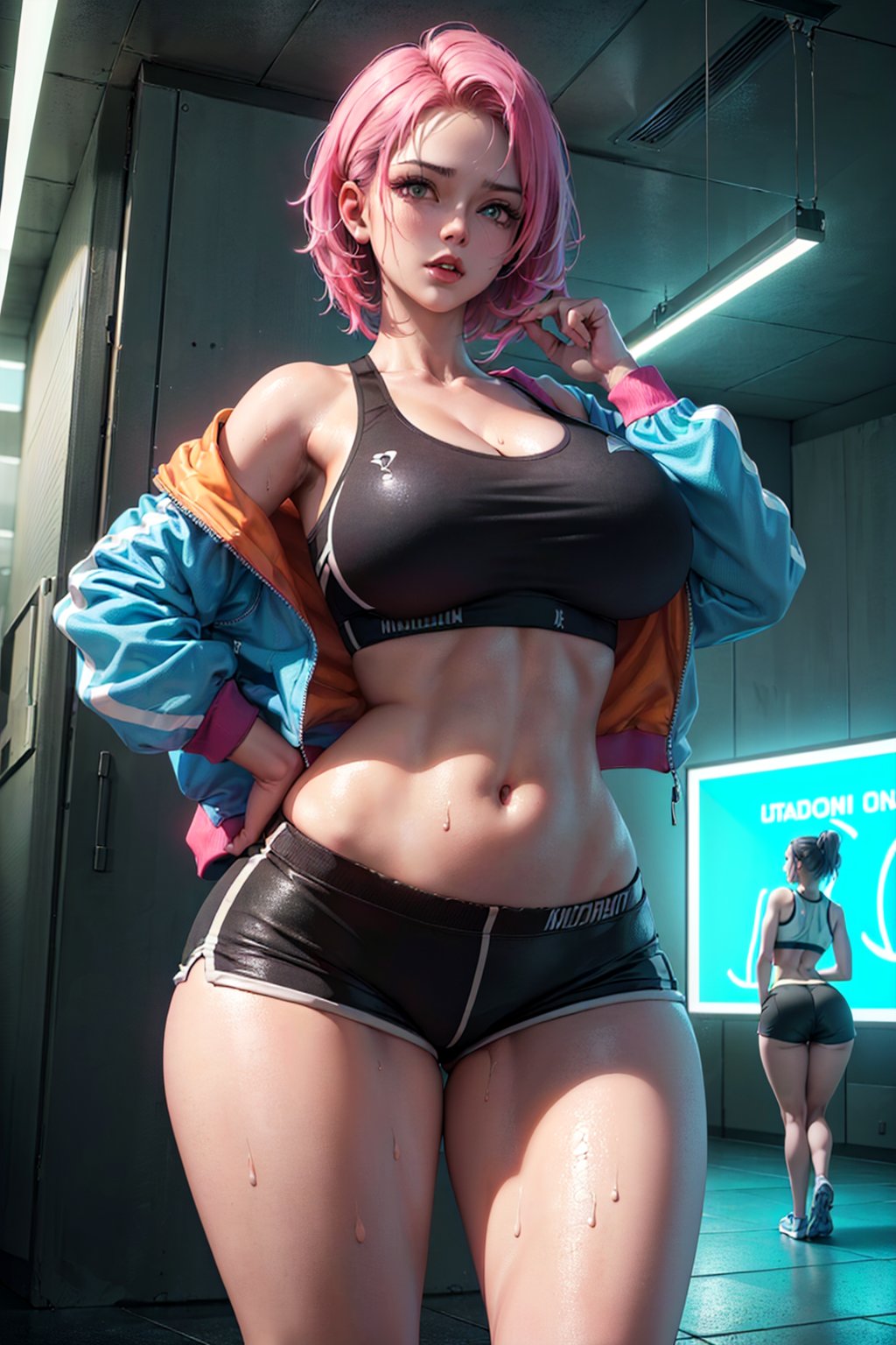(1girl), ((sports bra, crop jacket, short shorts:1.3)), ((massive Breasts, breasts overflow, rounded breasts:1.3)), ((bimbo breast, torpedo breast:1.1)), ((accentuated breast, large pelvic, wide hip, midriff, narrow waist, curvy waist, fit:1.2)), ((slim, skinny waist:1.3)), modern hairstyle, colour streaked hair, highlights, ((sweaty)), ((sexy poses:1.3)), ((wide hips, groin)), ((huge pelvic)),masterpiece, best quality, realistic, ultra highres, depth of field, (full dual colour neon lighting:1.2), (hard dual colour lighting:1.4), (detailed face:1.2), (detailed eyes:1.2), (detailed background), (masterpiece:1.2), (ultra detailed), (best quality), intricate, comprehensive cinematic, magical photography, (gradients), colorful, detailed landscape, visual key, shiny skin,