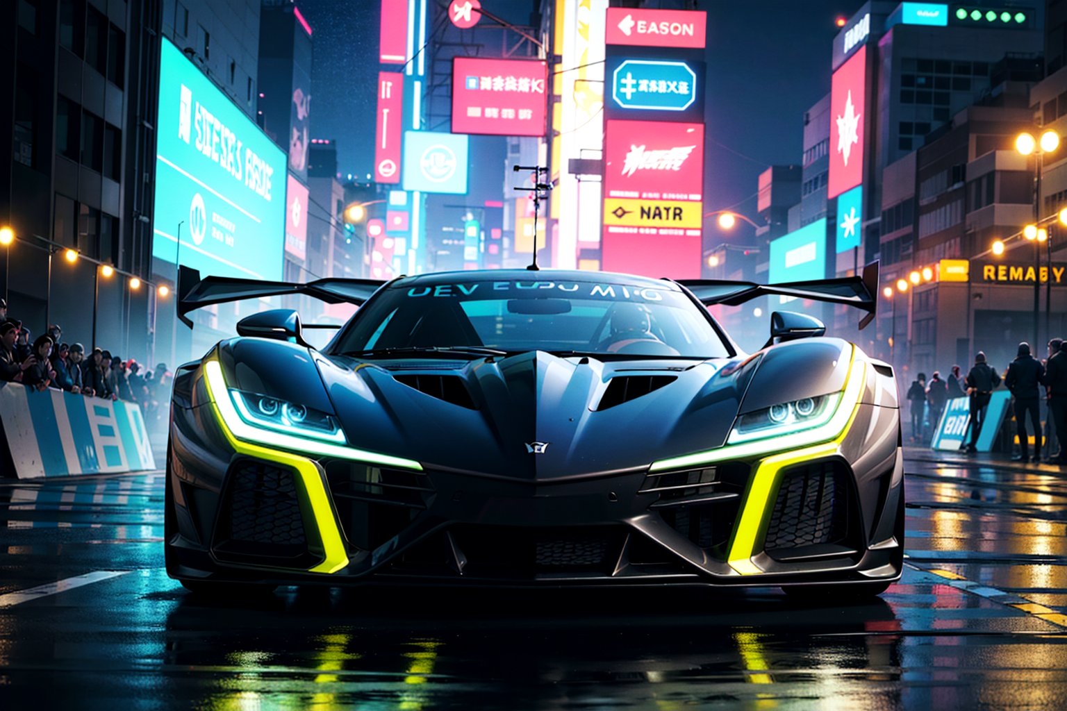 (digital artwork), EV Super car, wide body kit, modified car, racing livery, rainingmasterpiece, best quality, realistic, ultra highres, depth of field,(full dual colour neon lights:1.2), (hard dual colour lighting:1.4), (detailed background), (masterpiece:1.2), (ultra detailed), (best quality), intricate, comprehensive cinematic, magical photography, (gradients), colorful, detailed landscape, visual key,