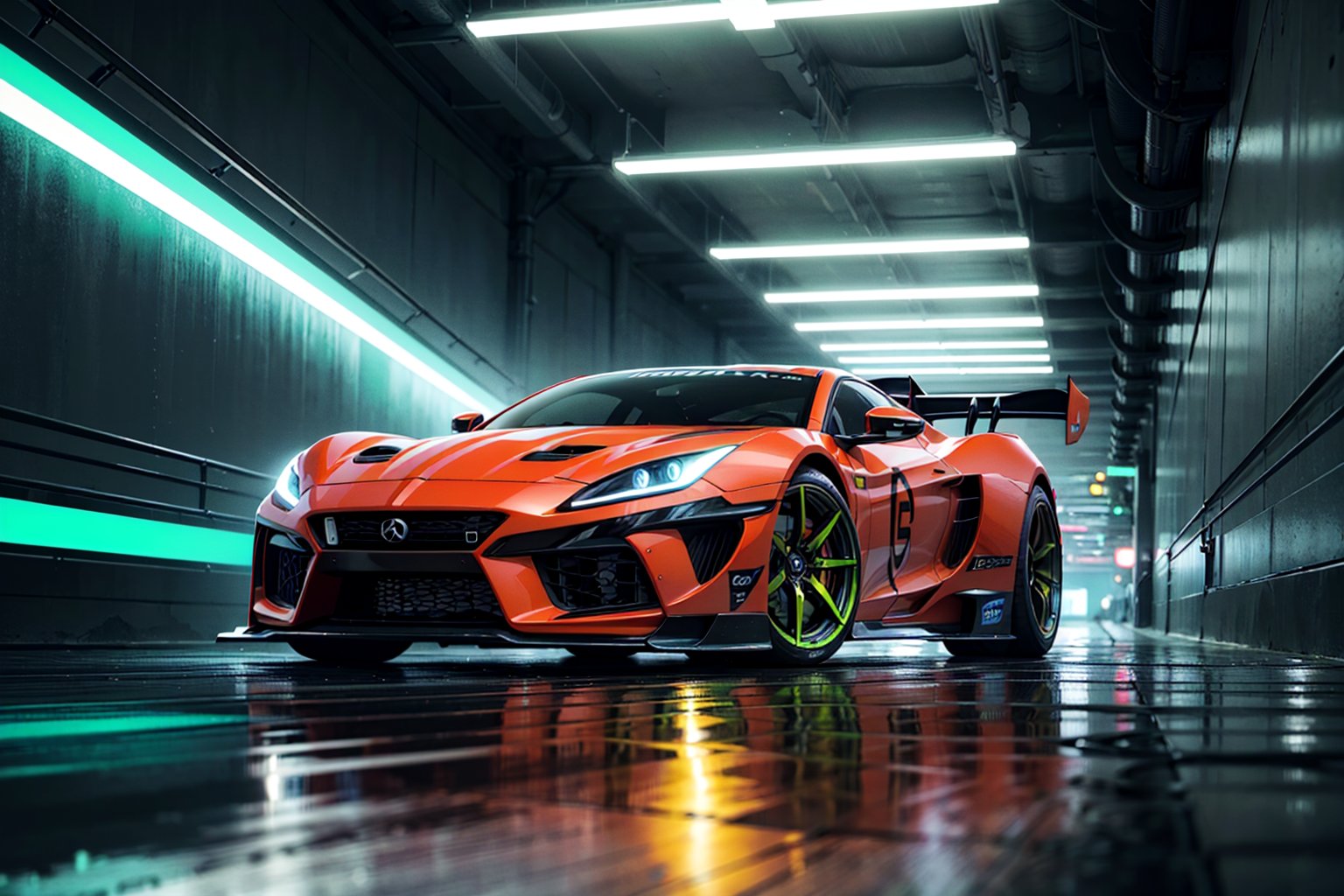 (digital artwork), Super car, wide body kit, modified car, racing livery, rainingmasterpiece, best quality, realistic, ultra highres, depth of field,(full dual colour neon lights:1.2), (hard dual colour lighting:1.4), (detailed background), (masterpiece:1.2), (ultra detailed), (best quality), intricate, comprehensive cinematic, magical photography, (gradients), colorful, detailed landscape, visual key,