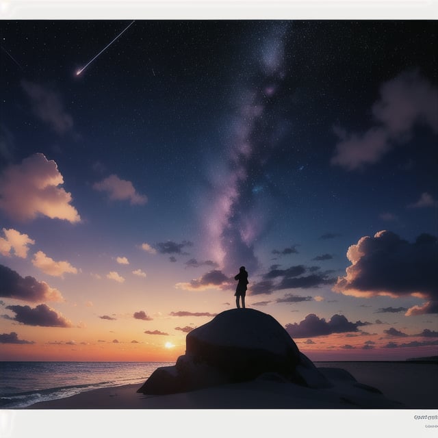 centered, cinematic shot, | beach, island, starry sky, constellations, sky, clouds, heaven, mystical, psycodelic, | sunset, bokeh, depth of field, | 