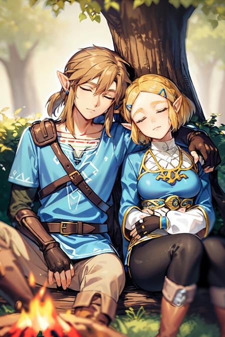masterpiece, best quality,   <lora:lxz-000010:1> ,1girl, link, 1boy, princess zelda, blonde hair, pointy ears, sleeping, gloves, blue eyes, hair ornament, fingerless gloves, hairclip, closed eyes, tree, bangs, sitting, fire, short hair, sidelocks, sleeping on person, shirt, hair between eyes, blue shirt, pants, leaning on person, jewelry, against tree, parted bangs, collarbone, long sleeves, closed mouth, earrings, sleeping upright, boots, brown gloves, black gloves, campfire, outdoors, nature, head on another's shoulder, smile, forest, medium hair, braid, brown footwear, blurry, short over long sleeves, layered sleeves, brown pants, holding