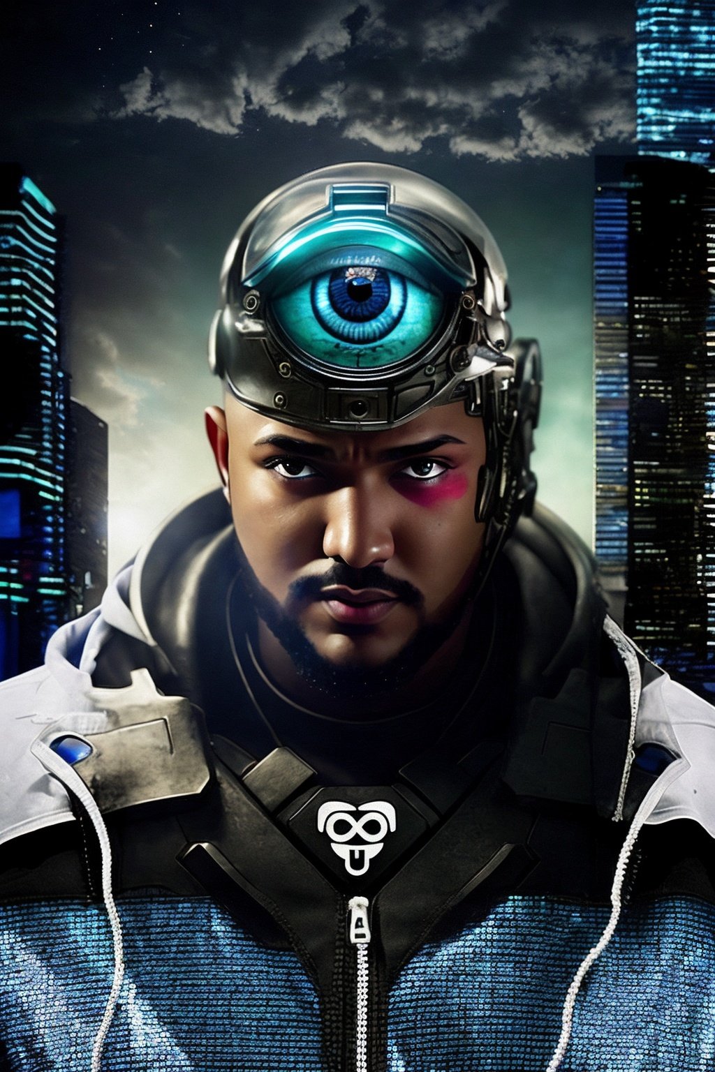 BigYamo, a man with a helmet and eyeball on his head, in front of a cloudy sky with a blue eye, Dr. Atl, cyborg, cyberpunk art, afrofuturism, CTG, (masterpiece, best quality:1.2), ultra realistic 8k, glamour lighting, HDR,