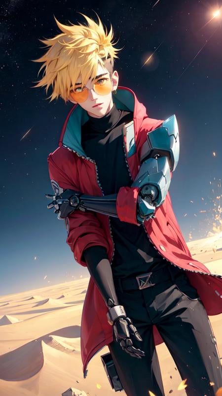 vash the stampede, 1boy, (mechanical arms:1.5), red coat, round eyewear,intense angle, action pose, foreshortening, (extremely detailed CG unity 8k wallpaper, masterpiece, best quality, ultra-detailed, best shadow, volumetric lighting), (beautiful detailed face, beautiful detailed eyes), High contrast, high saturation, (best illumination, an extremely delicate and beautiful),mksks style, beautiful background, outdoors, desert, light particles, dust, spacecraft, dune \(series\), post-apocalypse, starry sky, planetary ring, planet,  