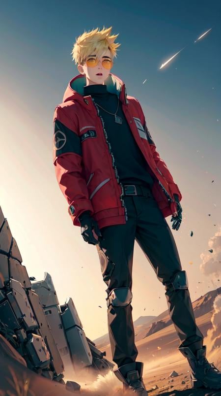 vash the stampede, (1boy, mechanical arms:1.5), red coat, round eyewear, standing,(extremely detailed CG unity 8k wallpaper, masterpiece, best quality, ultra-detailed, best shadow, volumetric lighting), (beautiful detailed face, beautiful detailed eyes), High contrast, high saturation, (best illumination, an extremely delicate and beautiful),mksks style, beautiful background, outdoors, desert, light particles, dust, spacecraft, dune \(series\), post-apocalypse, 